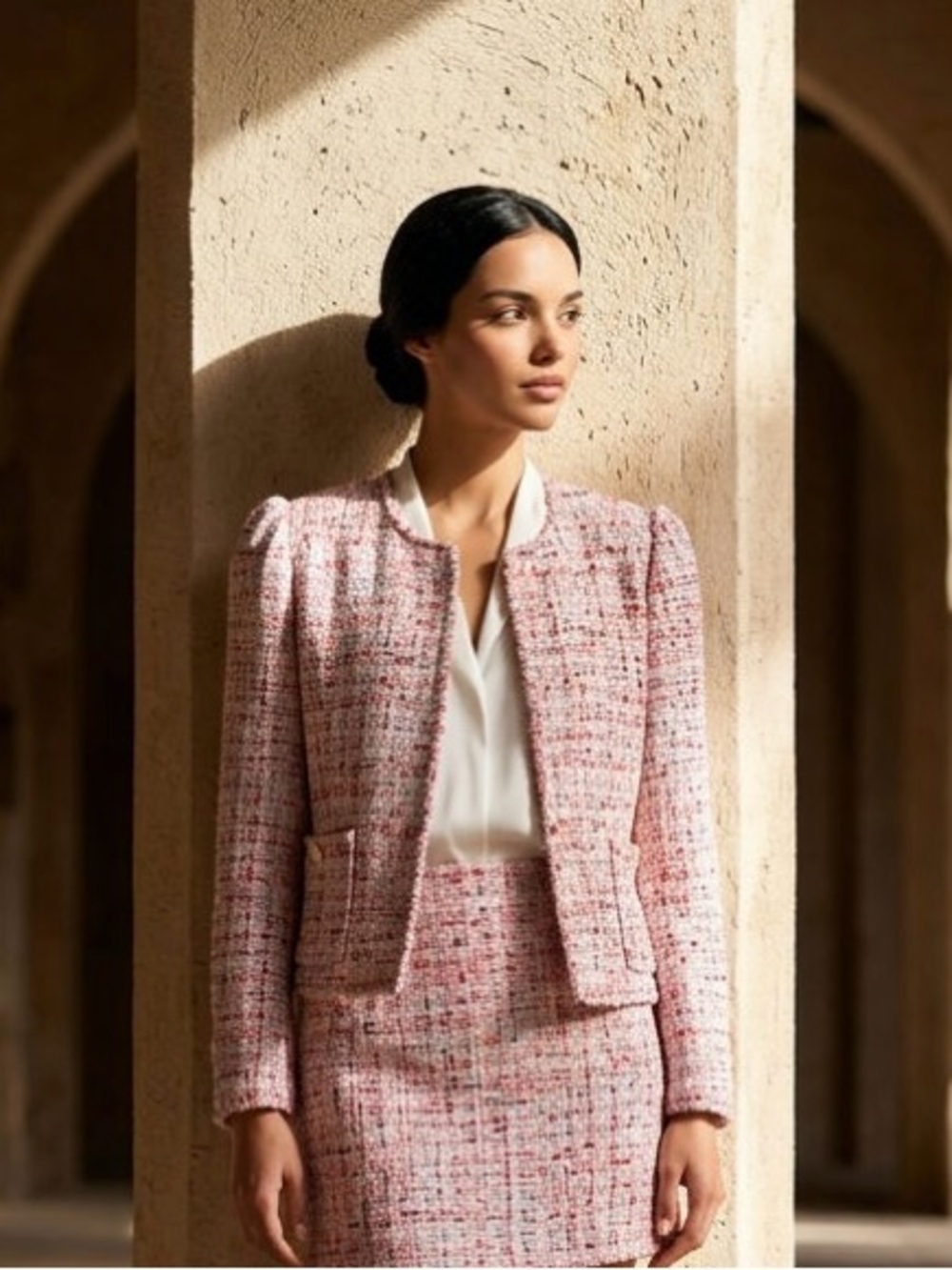 Ann Taylor Petite Pink Multicolor Bouclé Tweed Fringe Jacket Chanel Style